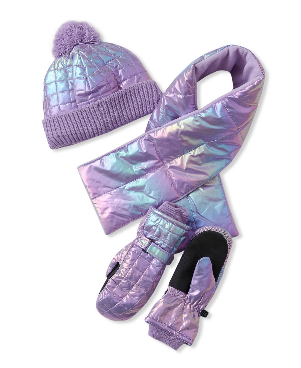 Lands' End Girls' Iridescent Fleece-Lined Pom-Pom Hat, Scarf and Mittens, 3-Piece Set - Lilac breeze ombre