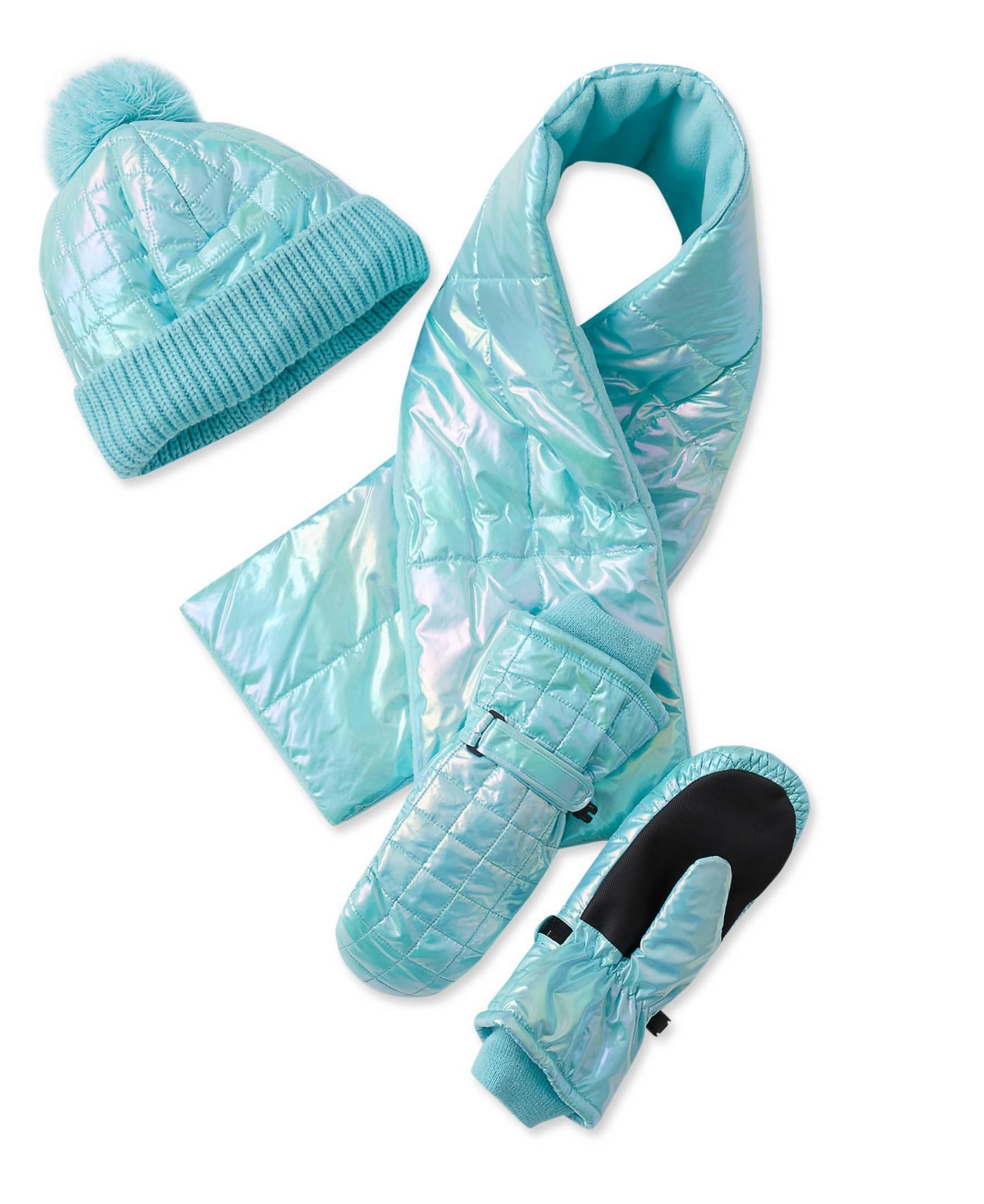 Lands' End Girls' Iridescent Fleece-Lined Pom-Pom Hat, Scarf and Mittens, 3-Piece Set