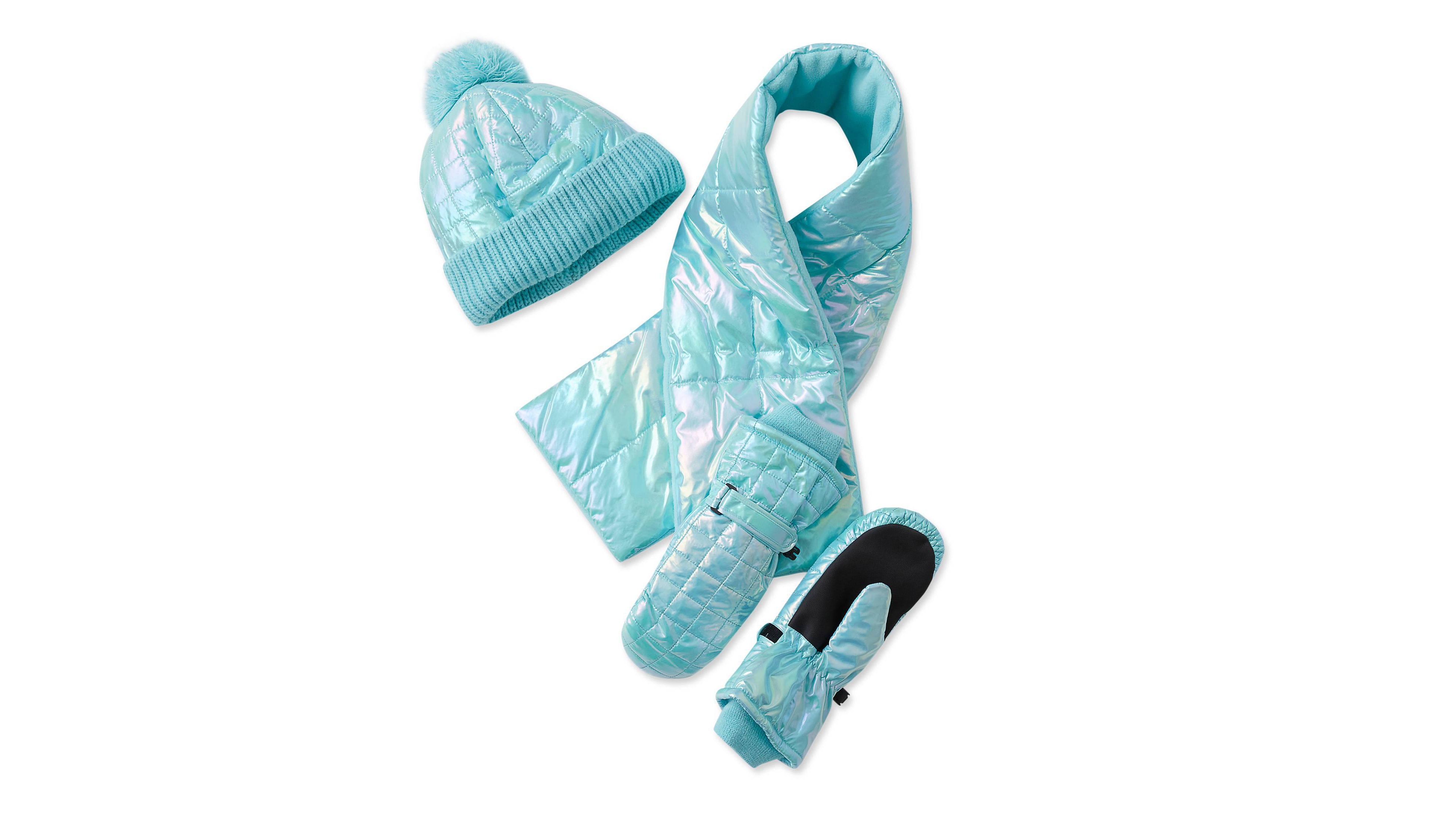Lands' End Girls' Iridescent Fleece-Lined Pom-Pom Hat, Scarf and Mittens, 3-Piece Set