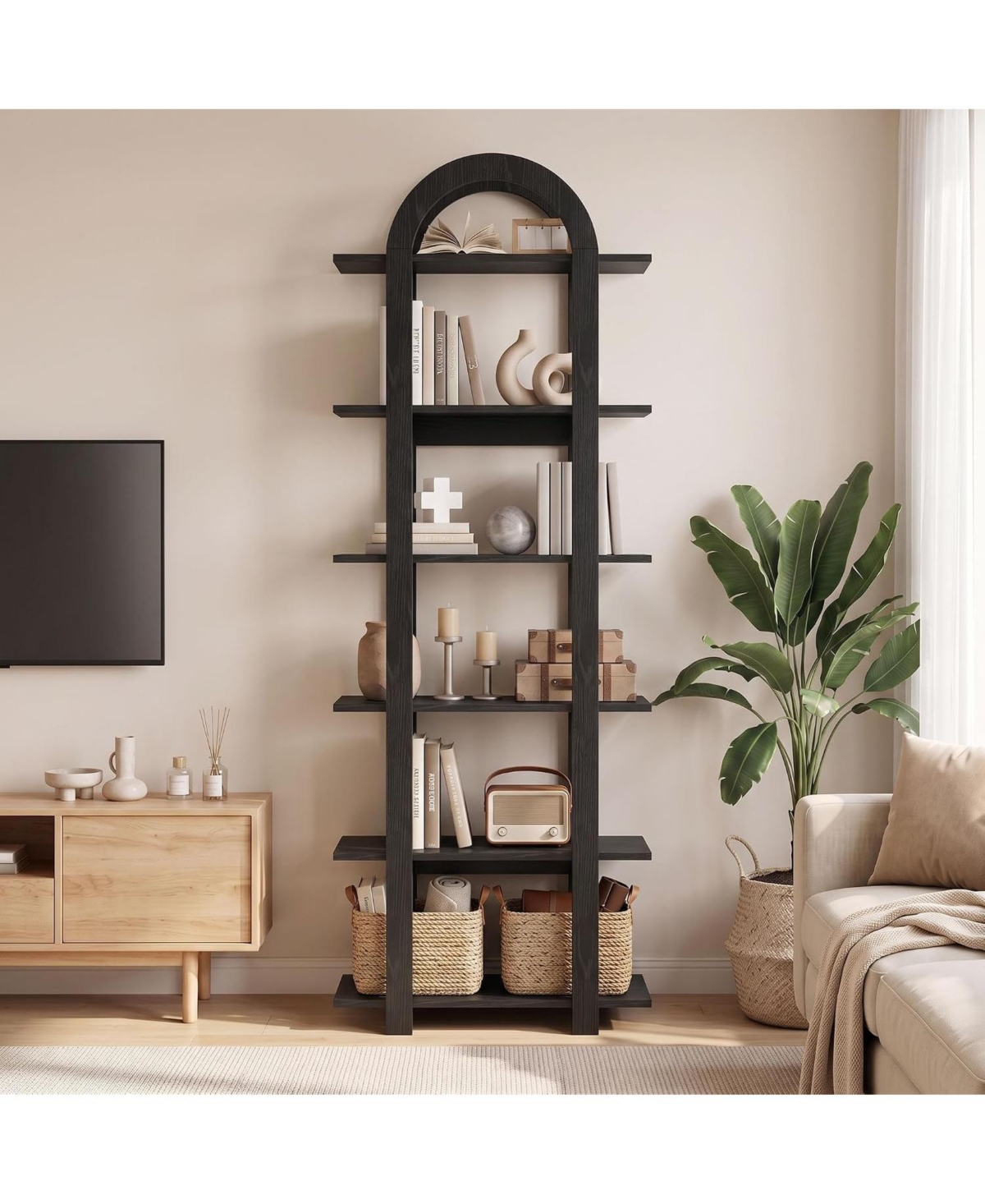 homfan Arched 5-Tier Bookshelf, Wood Bookcase with Open Shelves and Anti-Tip Kit