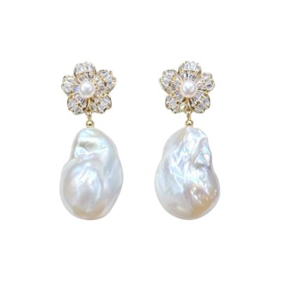 14k Gold Imitation Pearl and Crystal Bridal Floral Drop Earrings