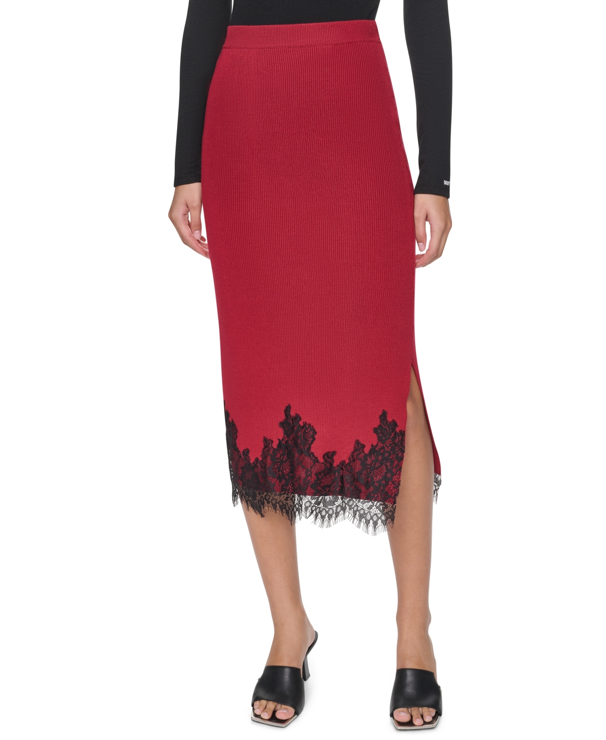 Dkny Womens Lace Trim Long Sleeve Loose Fit Sweater Lace Trim High Waisted Midi Skirt