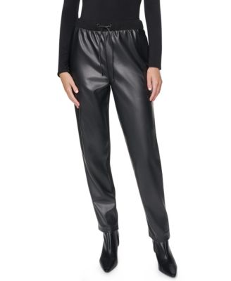 Women's Faux Leather Front Ponte Back Mid Rise Pants
