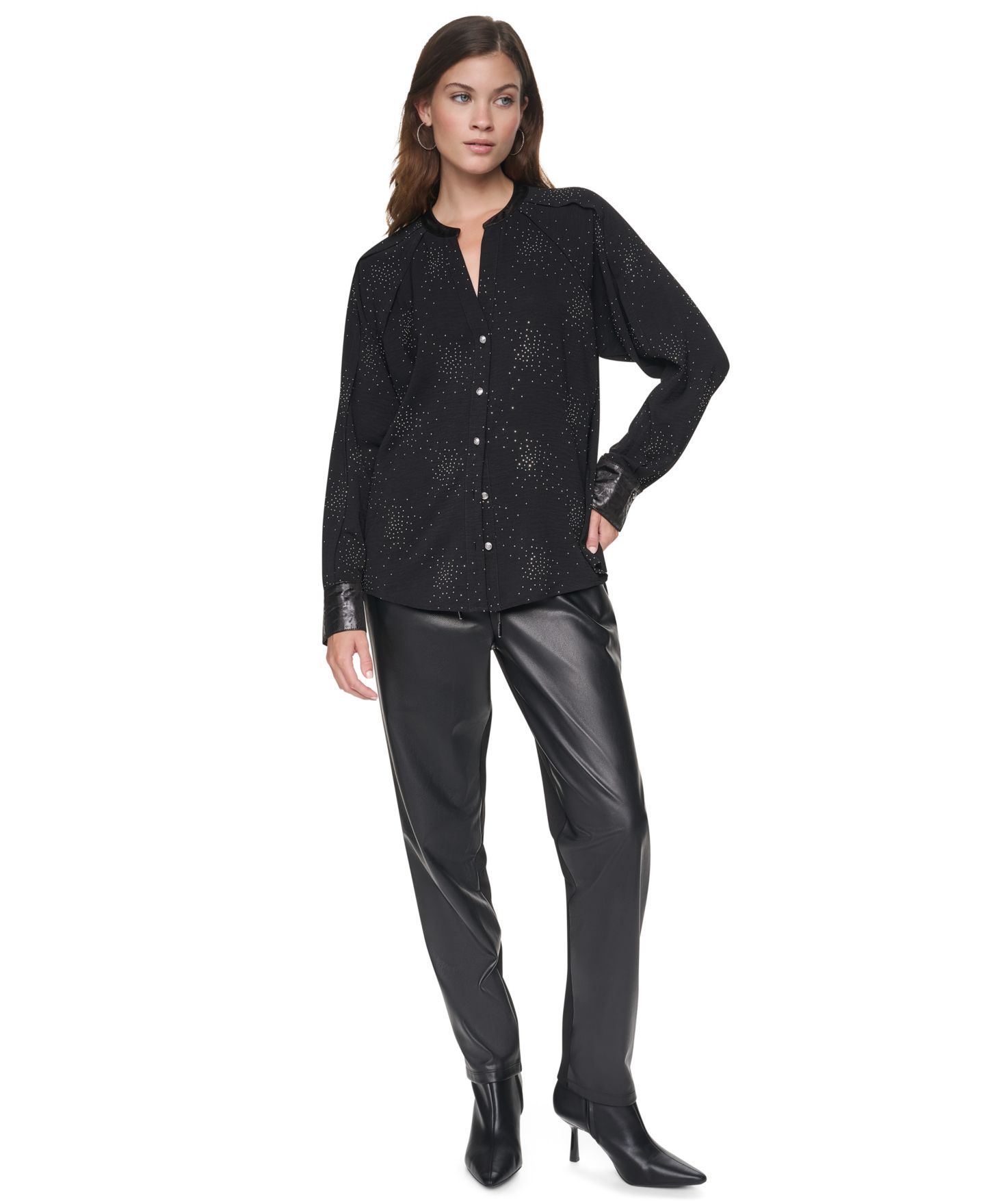 Женская блузка DKNY Firework Embellished Pleated Long-Sleeve, цвет: Чёрный — фото 2