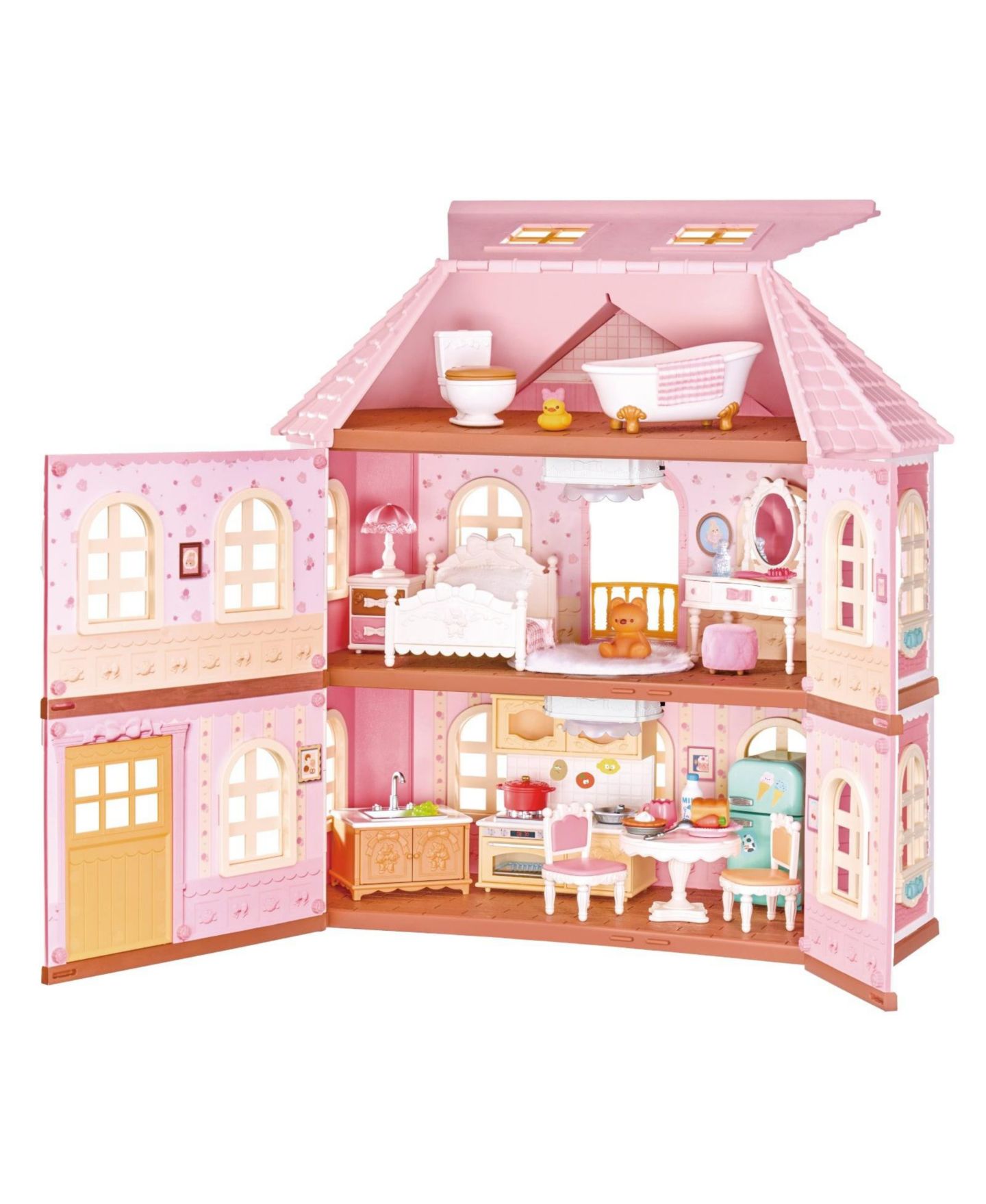 Детские аксессуары для кукол Robotime Fairy Rose Cottage 3-Story Wood Dollhouse with LED Lighting, 14 Furniture Accessories, Ages 3+ — фото 2