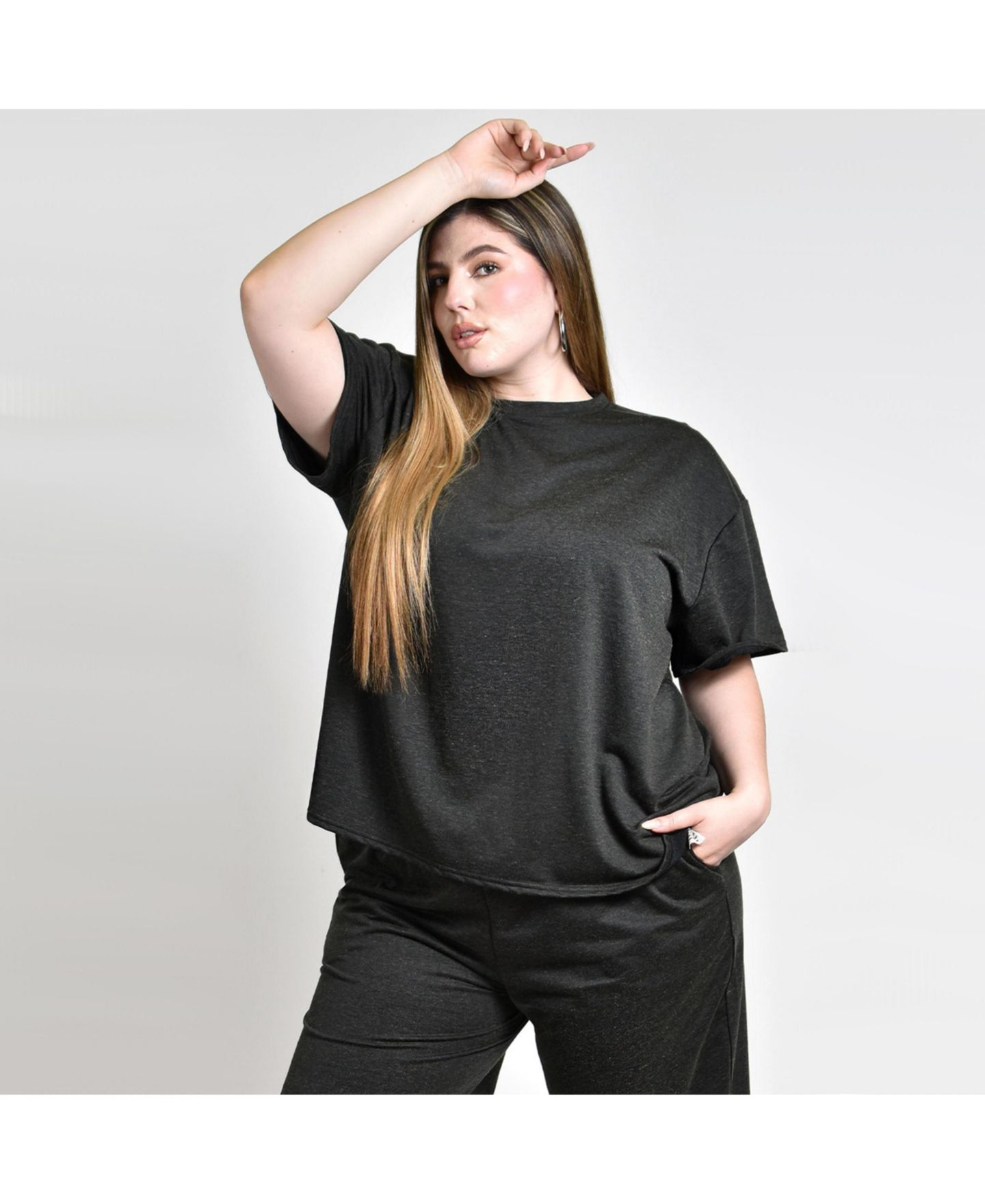 Женский комплект Roman Fashion Crewneck Short-Sleeve Wide-Leg Blouse and Pants, 2-Piece Set, цвет: Чёрный — фото 2