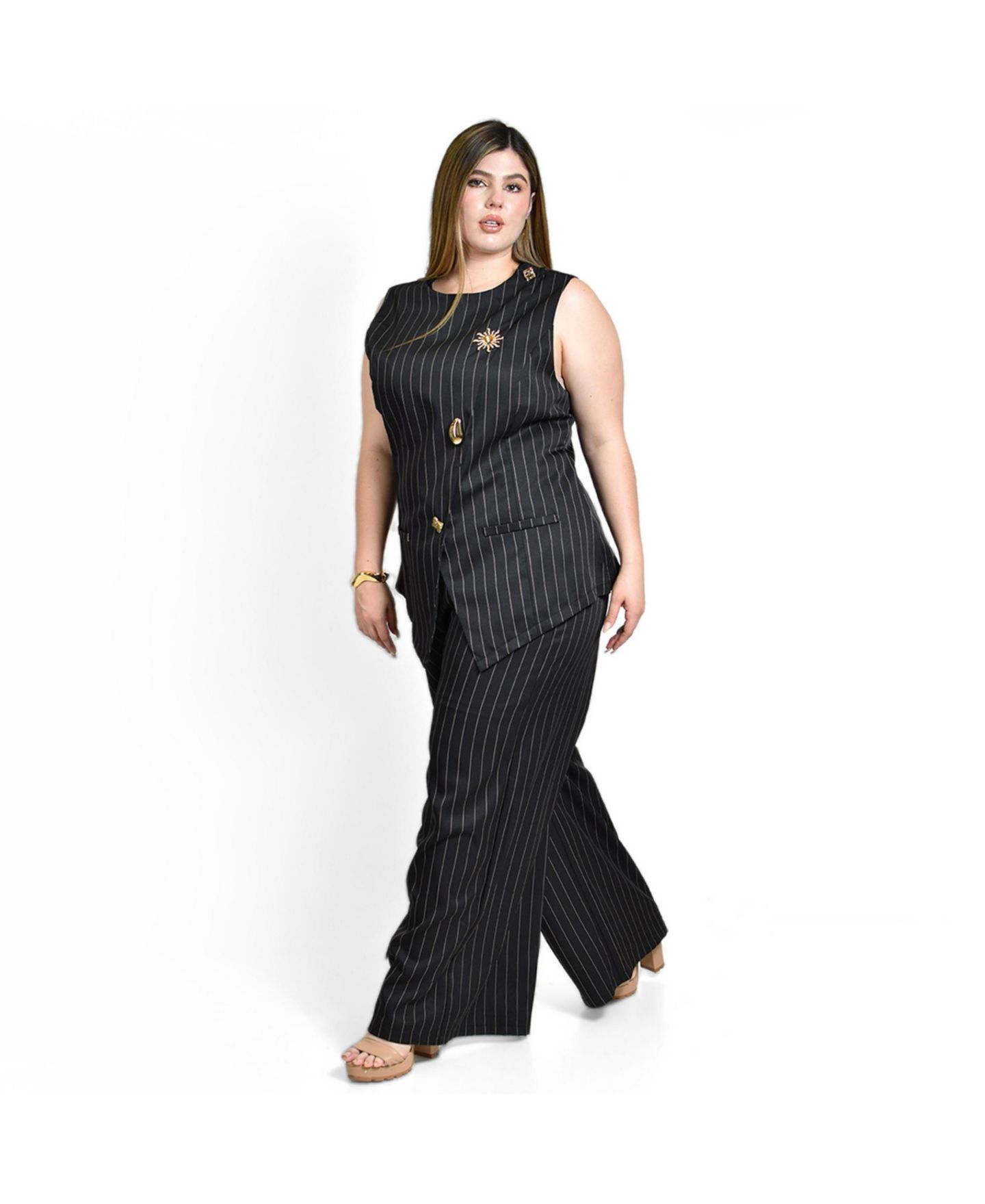 Женский комплект Roman Fashion Plus Size Vertical-Stripe Double-Breasted Wide-Leg Vest and Pants, 2-Piece Set, цвет: Чёрный — фото 2