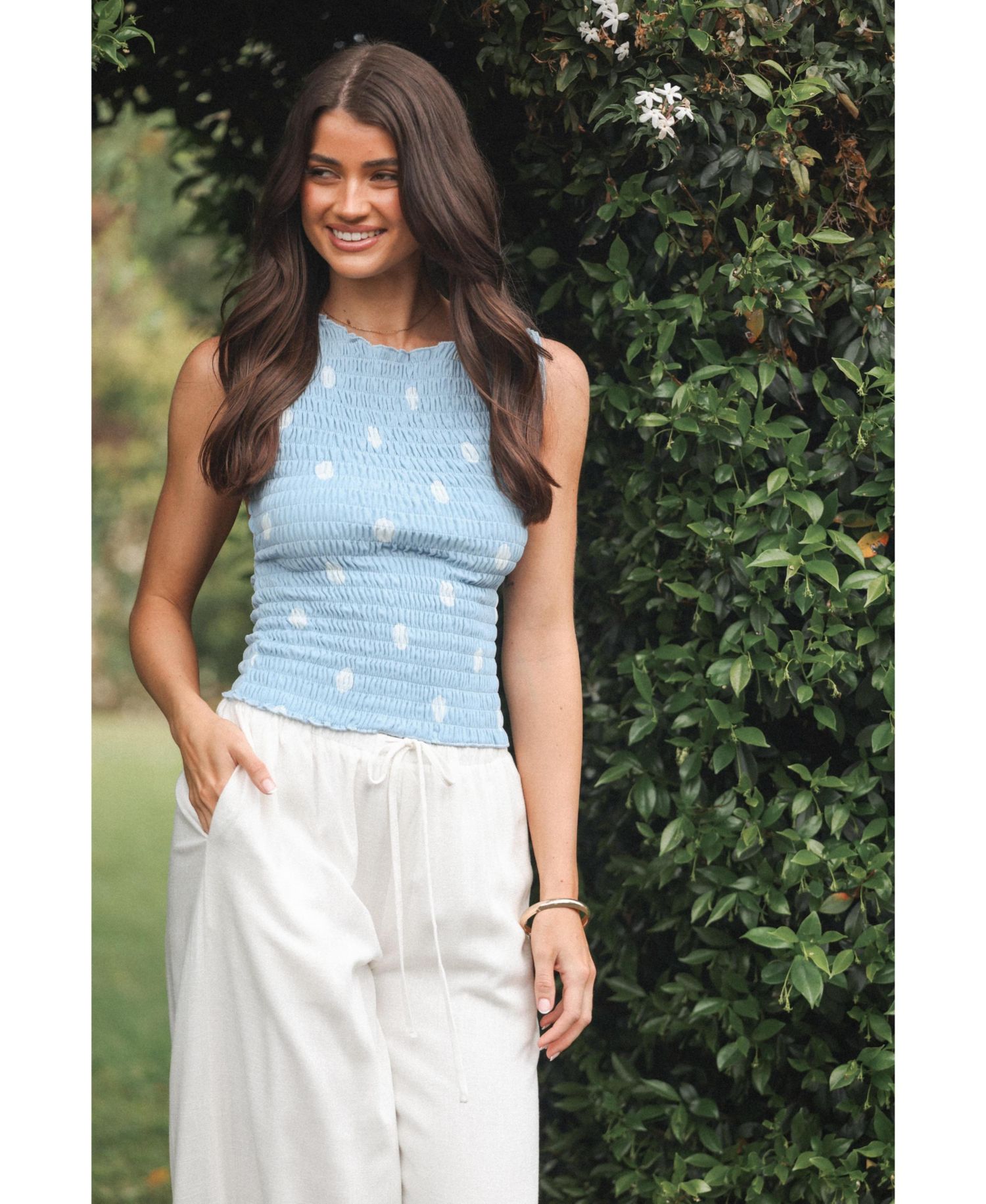 Women's Zoya High-Neck Open-Back Polka-Dot Top