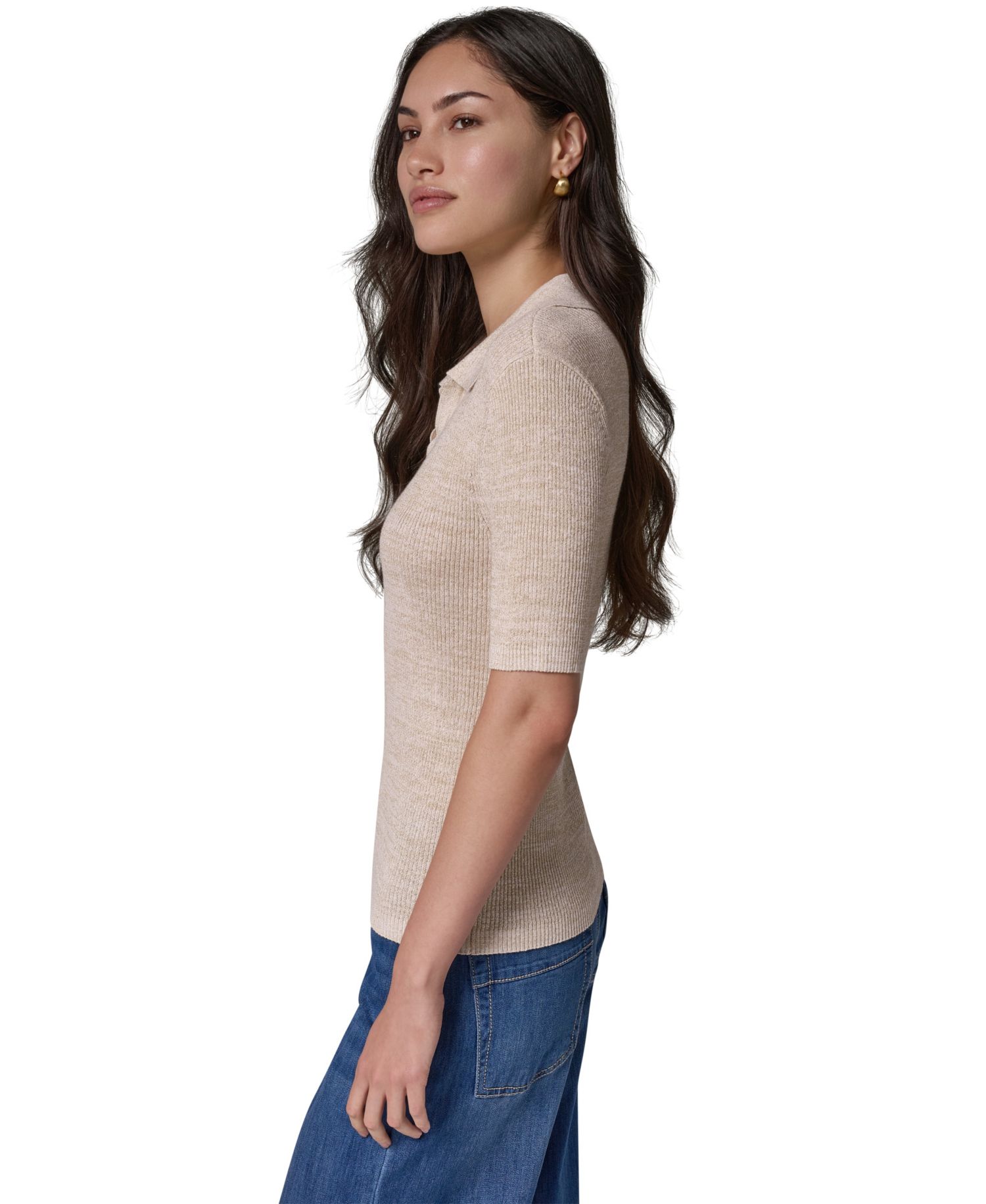 Women's Cotton Rib Elbow Sleeve Polo Sweater