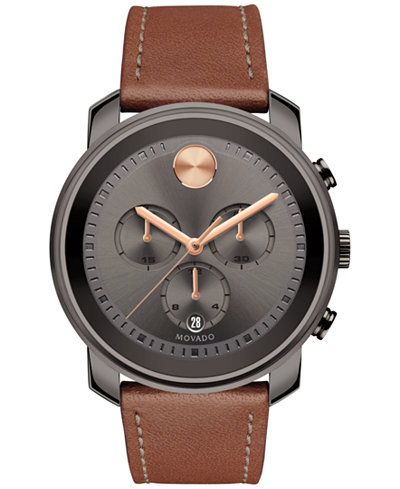 Movado Men's Swiss Chronograph Bold Cognac Leather Strap Watch 44mm 3600421