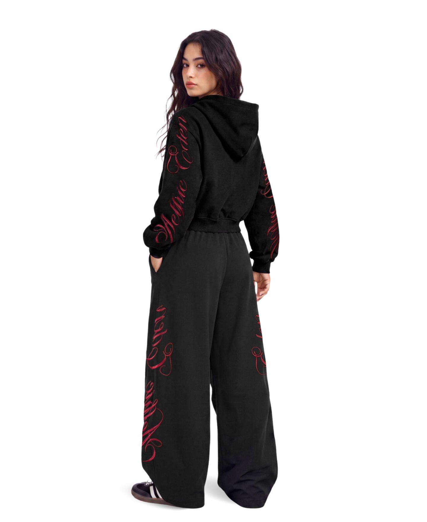 AELFRIC EDEN Women's Boxy Script Embroidery Hoodie and Pants, 2-Piece Set, цвет: Чёрный — фото 5