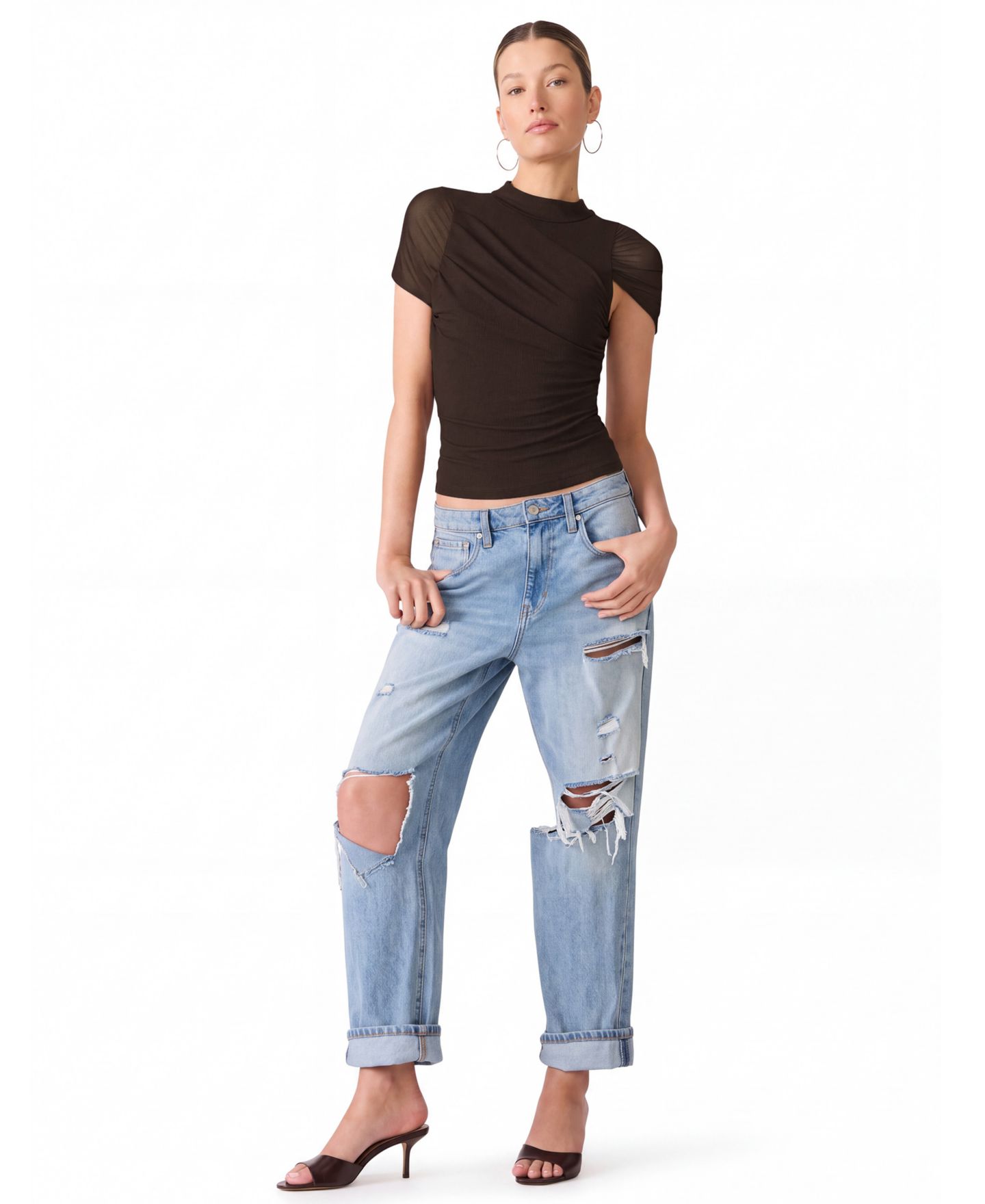 Женский топ Steve Madden Kerry Mock-Neck Ruched Cape-Sleeve, цвет: Коричневый — фото 2