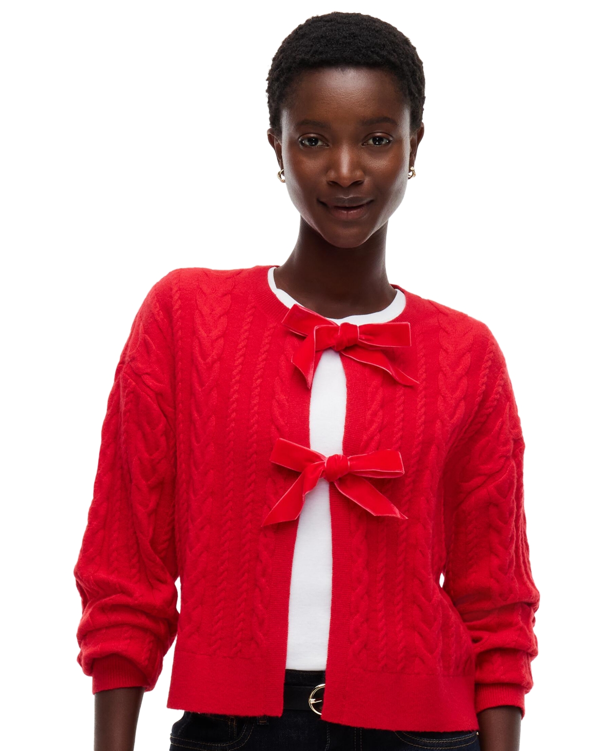 Tommy Hilfiger Women's Front Bows Cable-Knit Cardigan - Red