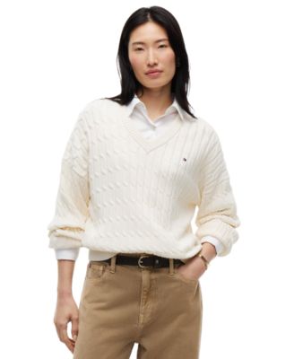 Women's Cable-Knit V-Neck Long-Sleeve Sweater