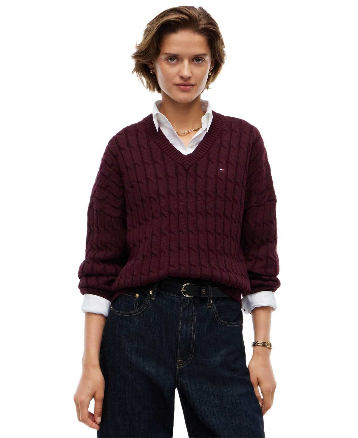 Tommy Hilfiger Women's Cable-Knit V-Neck Long-Sleeve Sweater