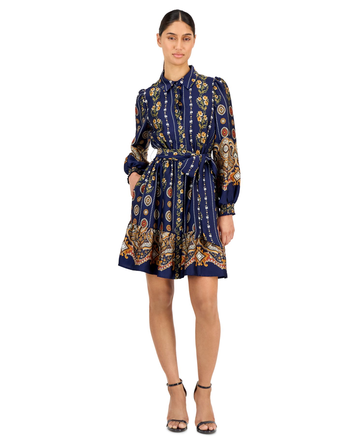 Women's Printed Satin Ruffle-Hem Shirt Dress