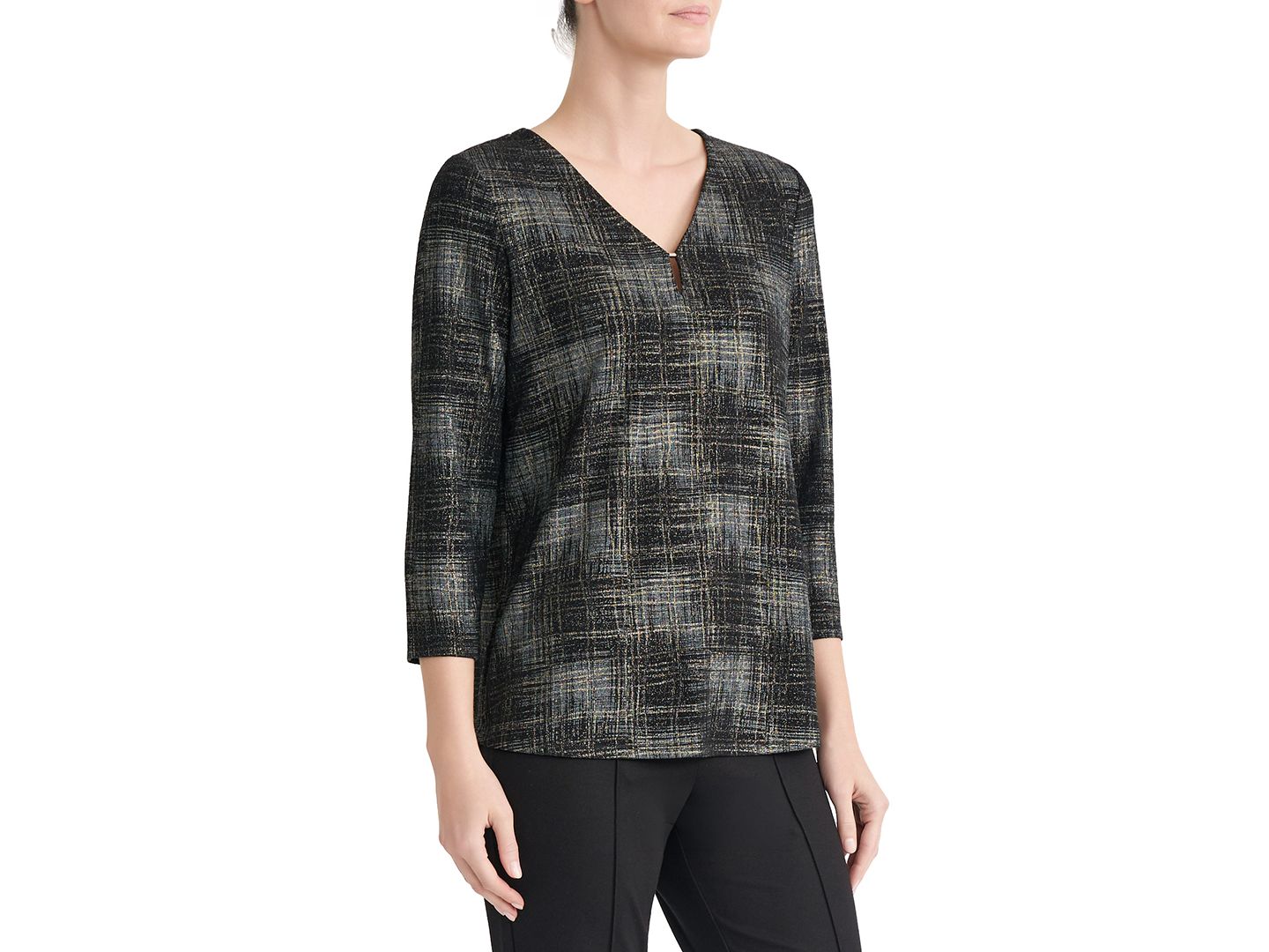 Женская блузка Jones New York Petite 3/4-Sleeve V-Neck, цвет: Чёрный — фото 2