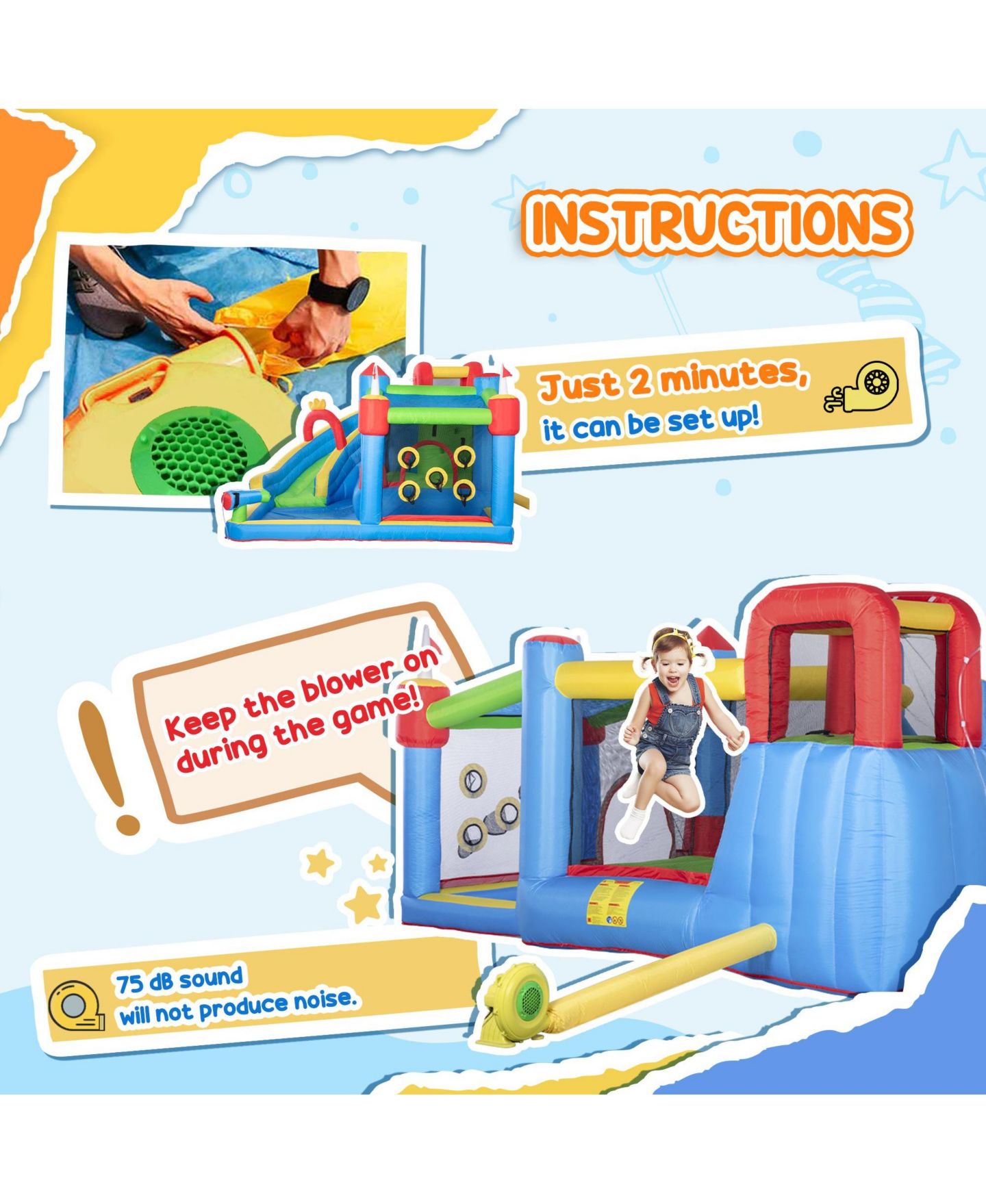 Детская игрушка SEVORLEY 6-in-1 Bounce Castle Inflatable Play Center with Water Slide, Water Pool & Water Gun, Ages 3-8, цвет: Синий — фото 8