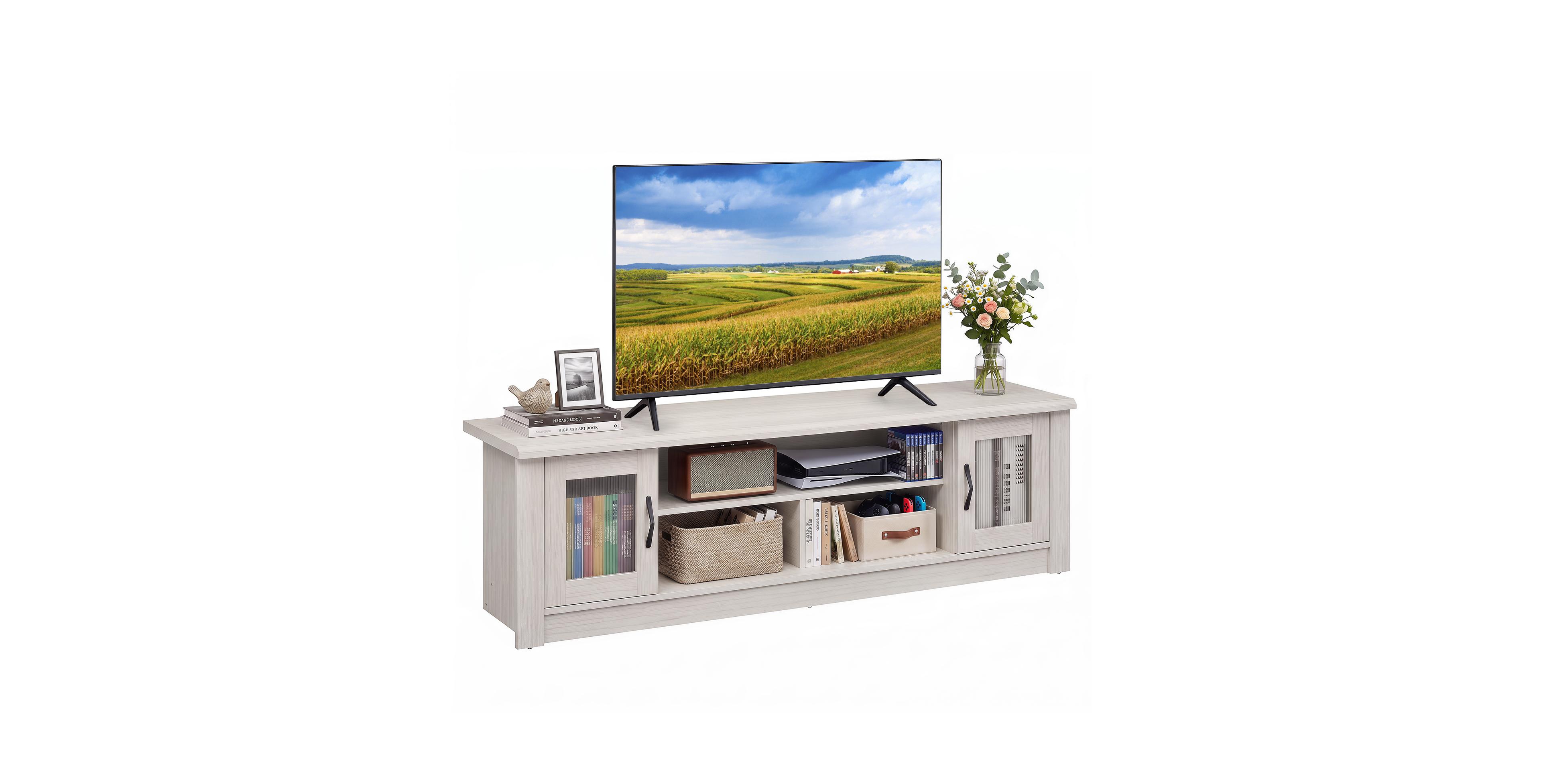 Gymax 63'' Tv Stand Wooden Entertainment Center 2 Fluted Doors and 3 Open Compartments