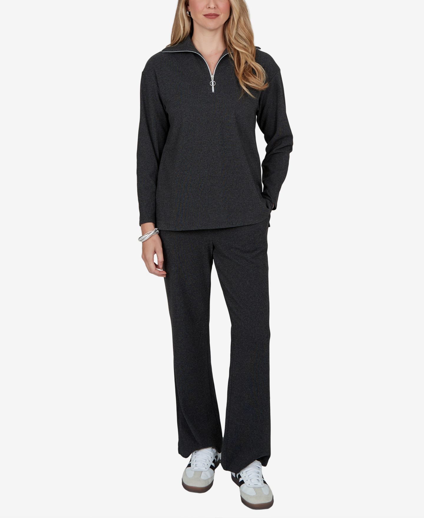 Женский топ Ruby Rd. Petite Ribbed-Knit Quarter-Zip Long-Sleeve, цвет: Угольный меланжевый — фото 2