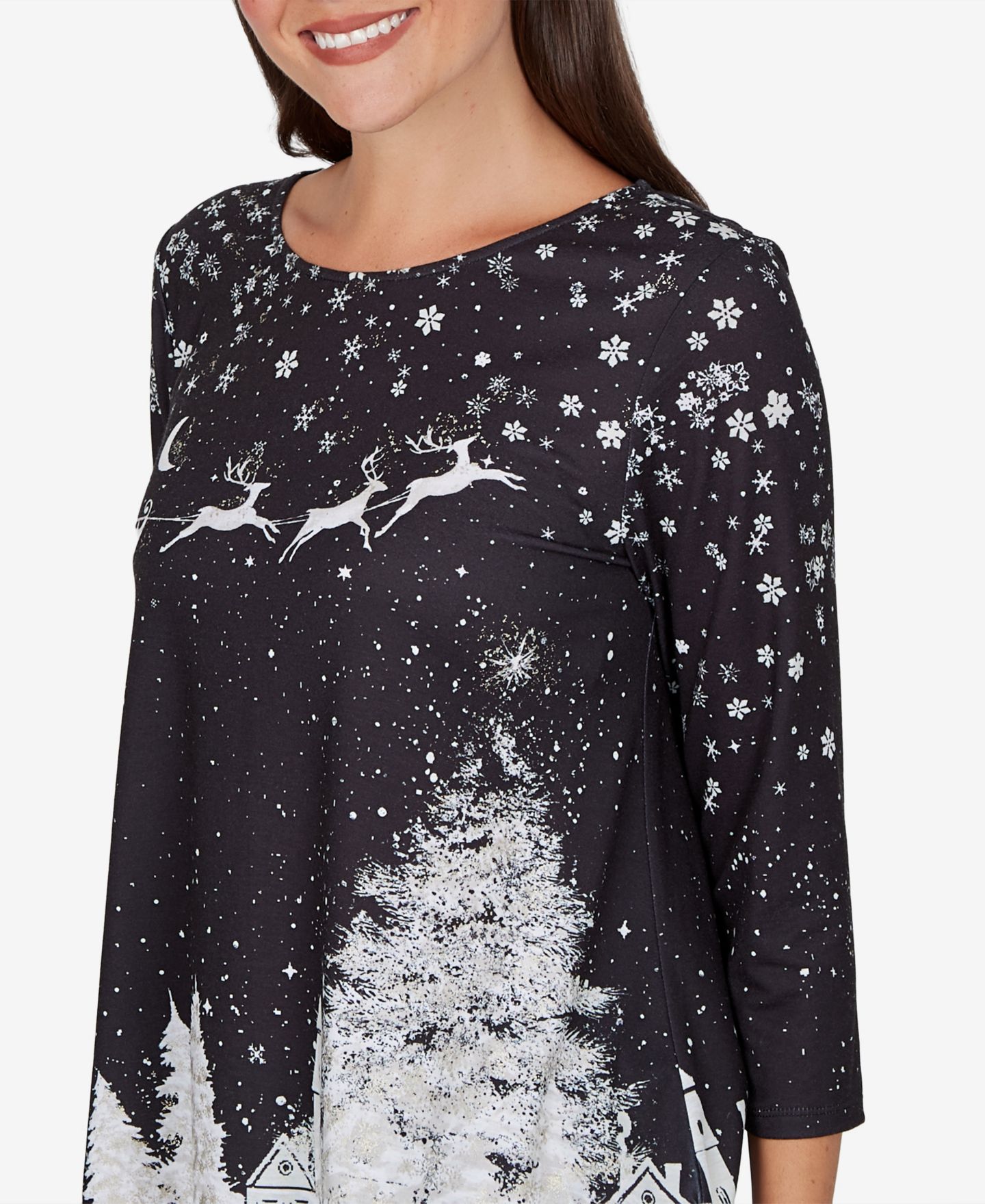 Женская футболка Ruby Rd. Petite Snowflake Holiday 3/4-Sleeve, цвет: Чёрный разноцветный — фото 4