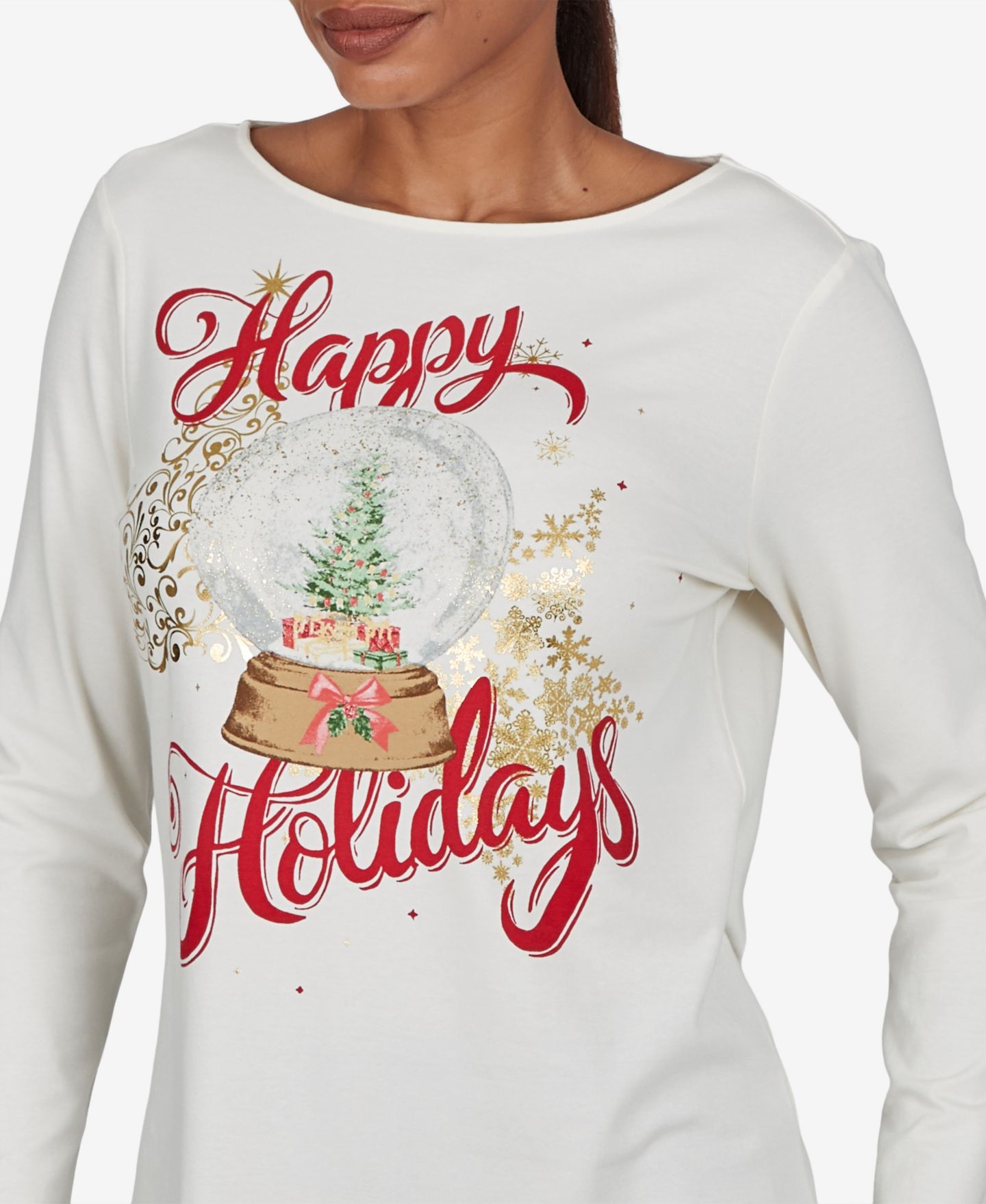 Женский топ Ruby Rd. Petite Boat-Neck Long-Sleeve Holidays, цвет: Слоновая кость разноцветный — фото 4