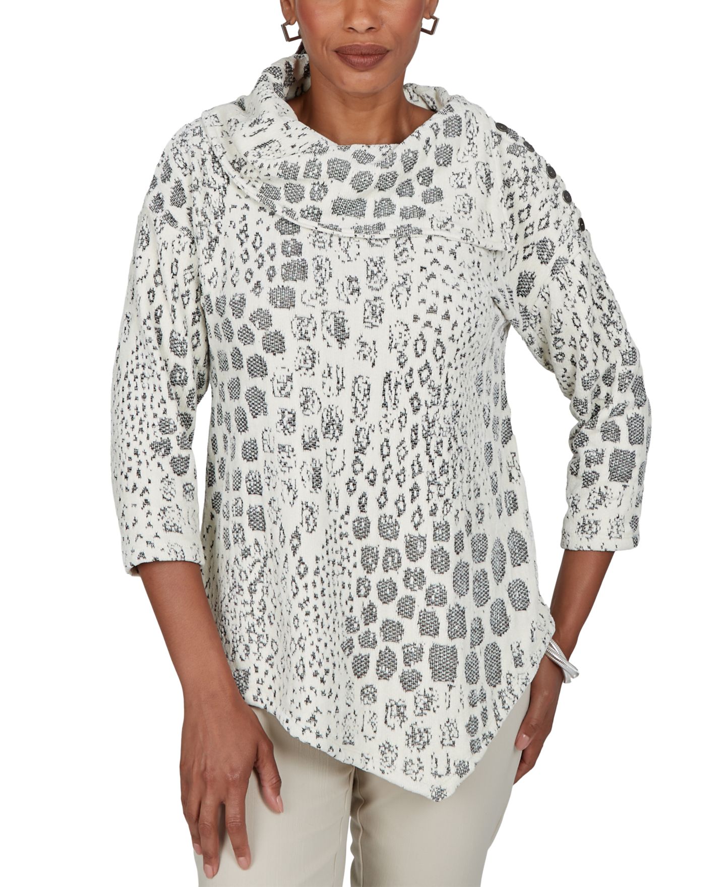 Женская блузка Ruby Rd. Petite Animal-Print Cowl-Neck 3/4-Sleeve, цвет: Слоновая кость — фото 6