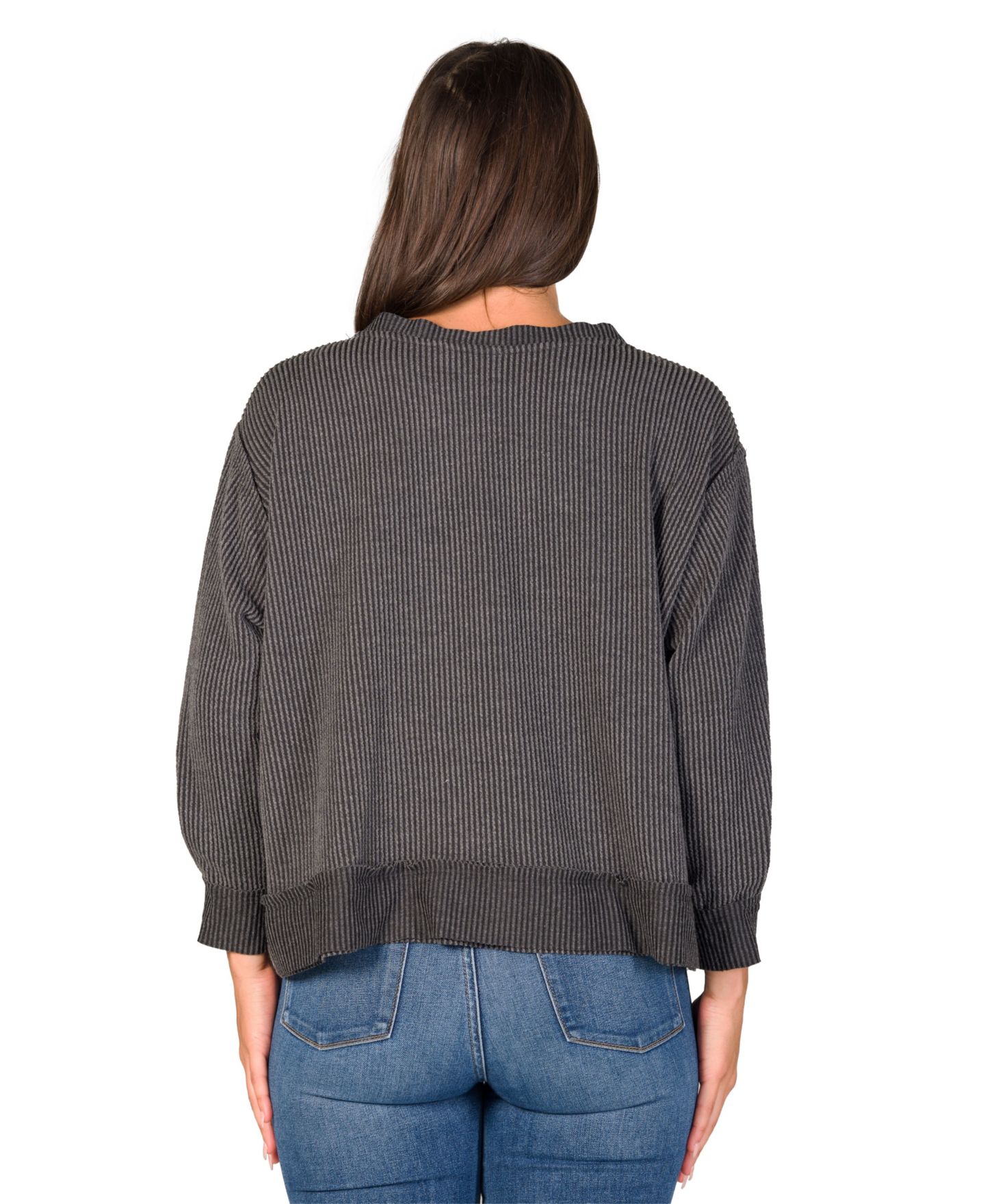 Женский топ 24seven Comfort Apparel Ribbed-Knit V-Neck Long-Sleeve, цвет: Чёрный — фото 3