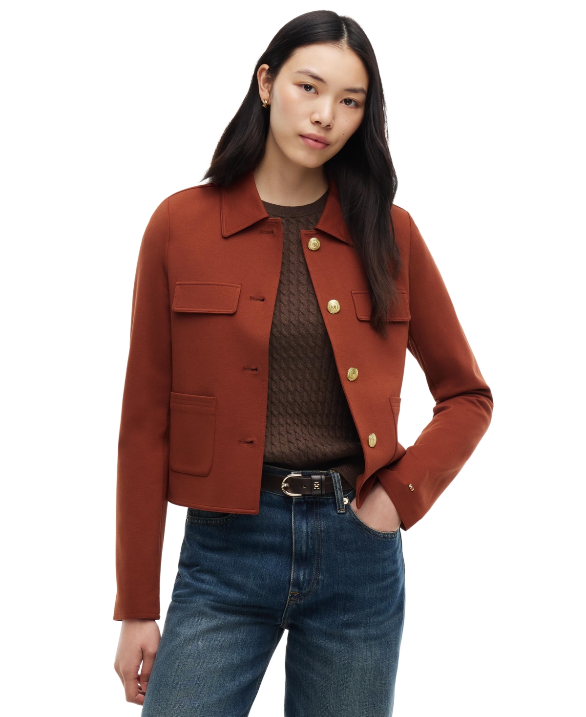 Tommy Hilfiger Women's Ponte Knit Band Collar Jacket - Heritage Brown