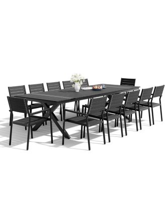 13-Piece Outdoor Dining Set Stackable Chairs and Aluminum Dining Table with Umbrella Hole for Deck, Porch and Backyard