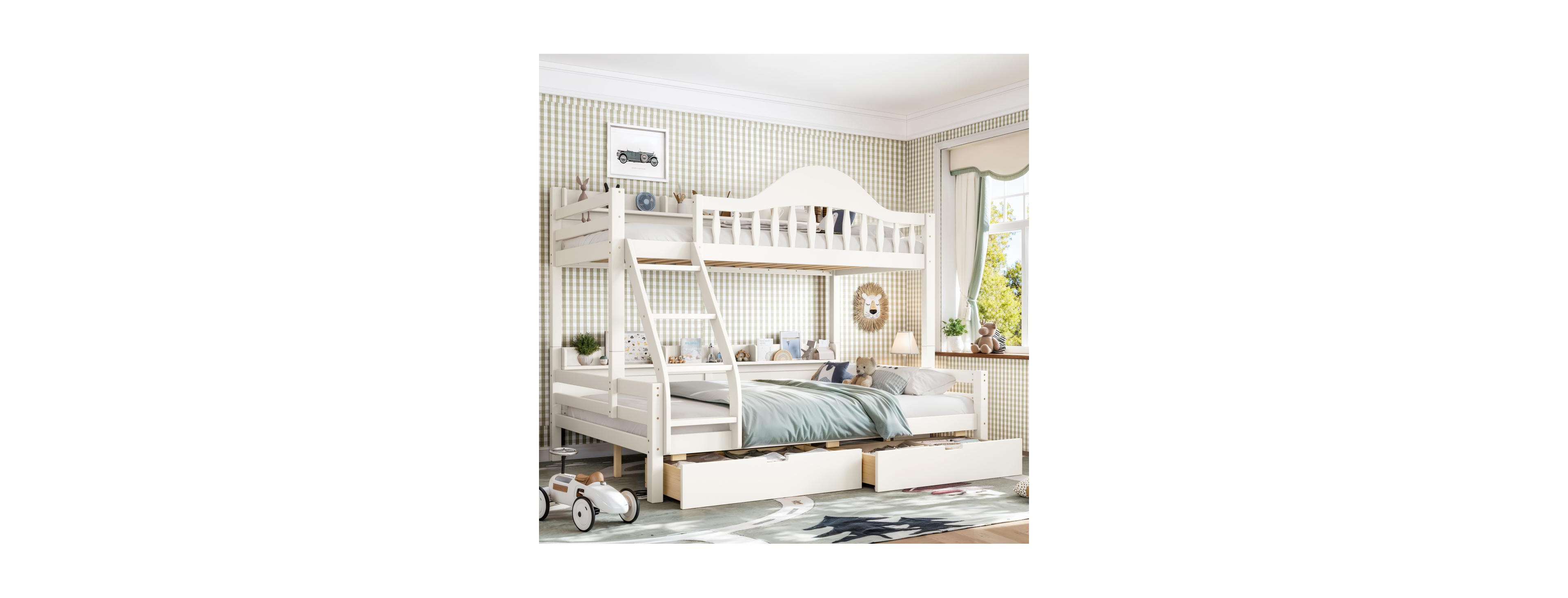 Streamdale Furniture Twin Over Full Wood Bunk Bed with Storage Drawers and Shelves