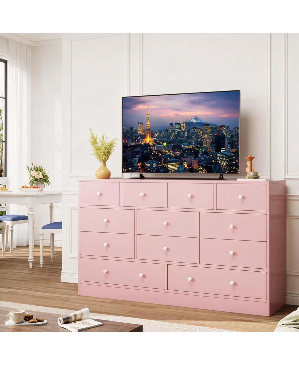 homfan 12 Drawer Dresser 61" Wide Wood Chest with Charging Station Tv Stand for Bedroom Nursery Living Room - Pink