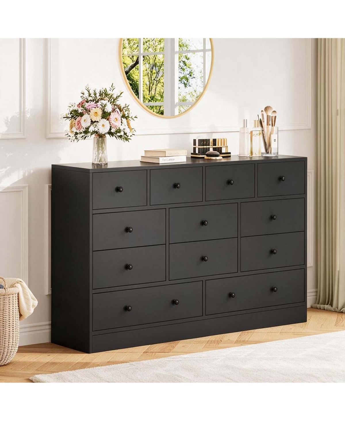 homfan 12 Drawer Dresser 61" Wide Wood Chest with Charging Station Tv Stand for Bedroom Nursery Living Room - Black