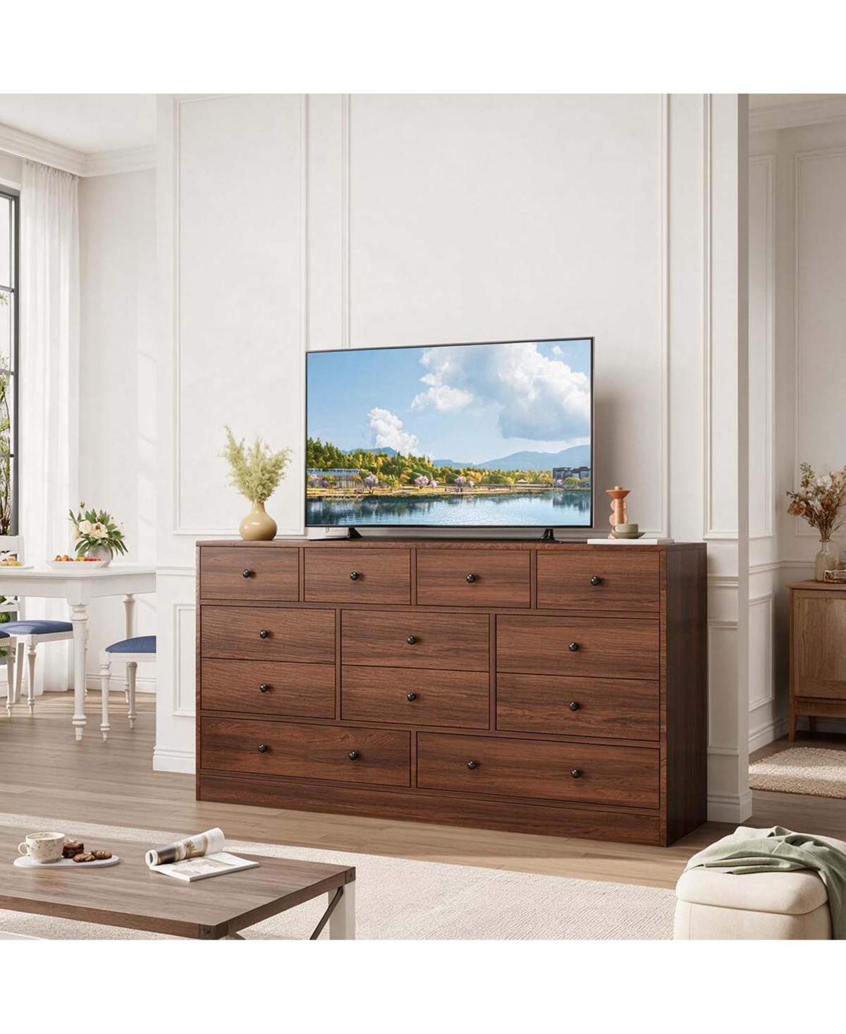 homfan 12 Drawer Dresser 61" Wide Wood Chest with Charging Station Tv Stand for Bedroom Nursery Living Room - Brown