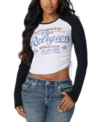 Women's Asymmetrical Raglan Long-Sleeve Crewneck Graphic T-Shirt