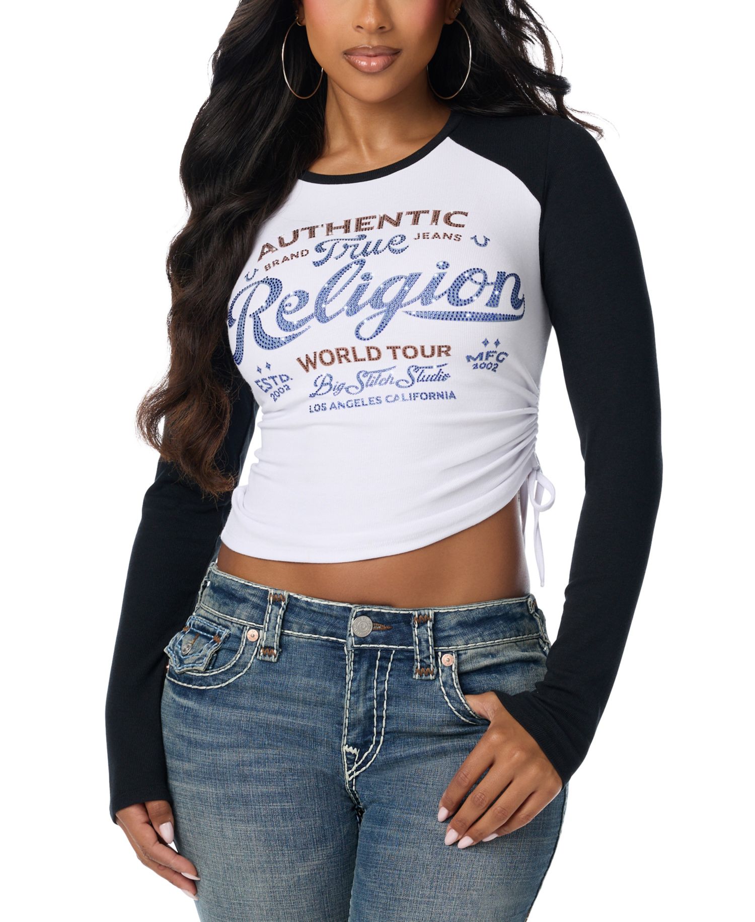 Women's Asymmetrical Raglan Long-Sleeve Crewneck Graphic T-Shirt