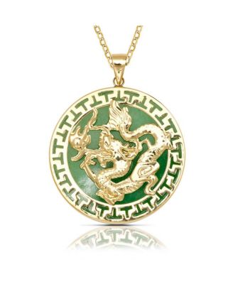 14k Yellow Gold 18-inch Green, Lavender, Onyx Dyed Jade Dragon Greek Key Circle Necklace 26mm x 32mm