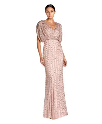 Women's Beaded Mesh Blouson V Neck Column Gown