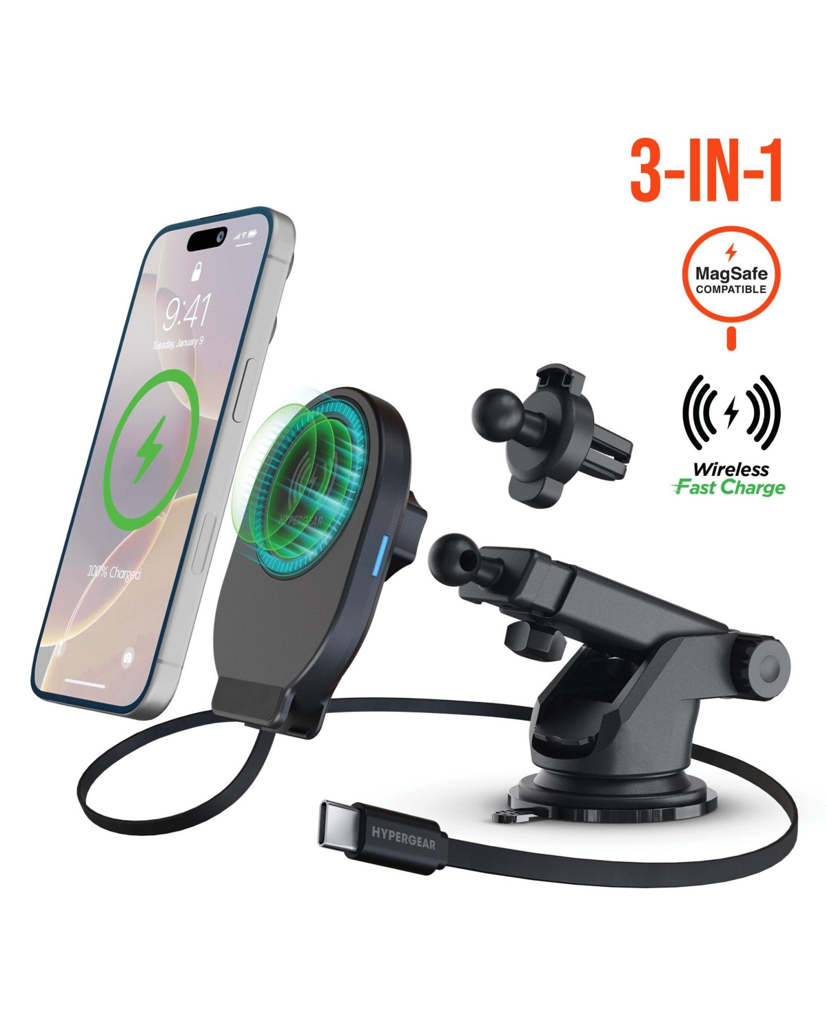 HyperGear Mag Grip MagSafe-Compatible 15W Wireless Fast-Charging Phone Mount for iPhone and MagSafe Cases