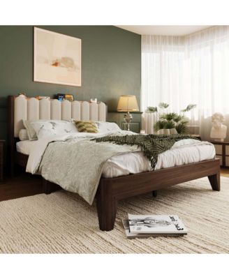 Full Size LED Platform Bed Frame with Storage Headboard Upholstered Linen Solid Wood Legs No Box Spring for Bedroom