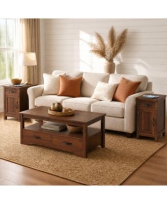 Farmhouse 3-Piece Living Room Table Set - 4-Drawer Coffee Table and 2 Flip-Top Charging End Tables