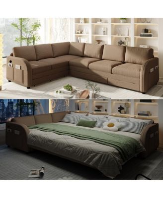 115.2" L-Shaped Pull-Out Sleeper Sofa with USB Port and Sherpa Fleece