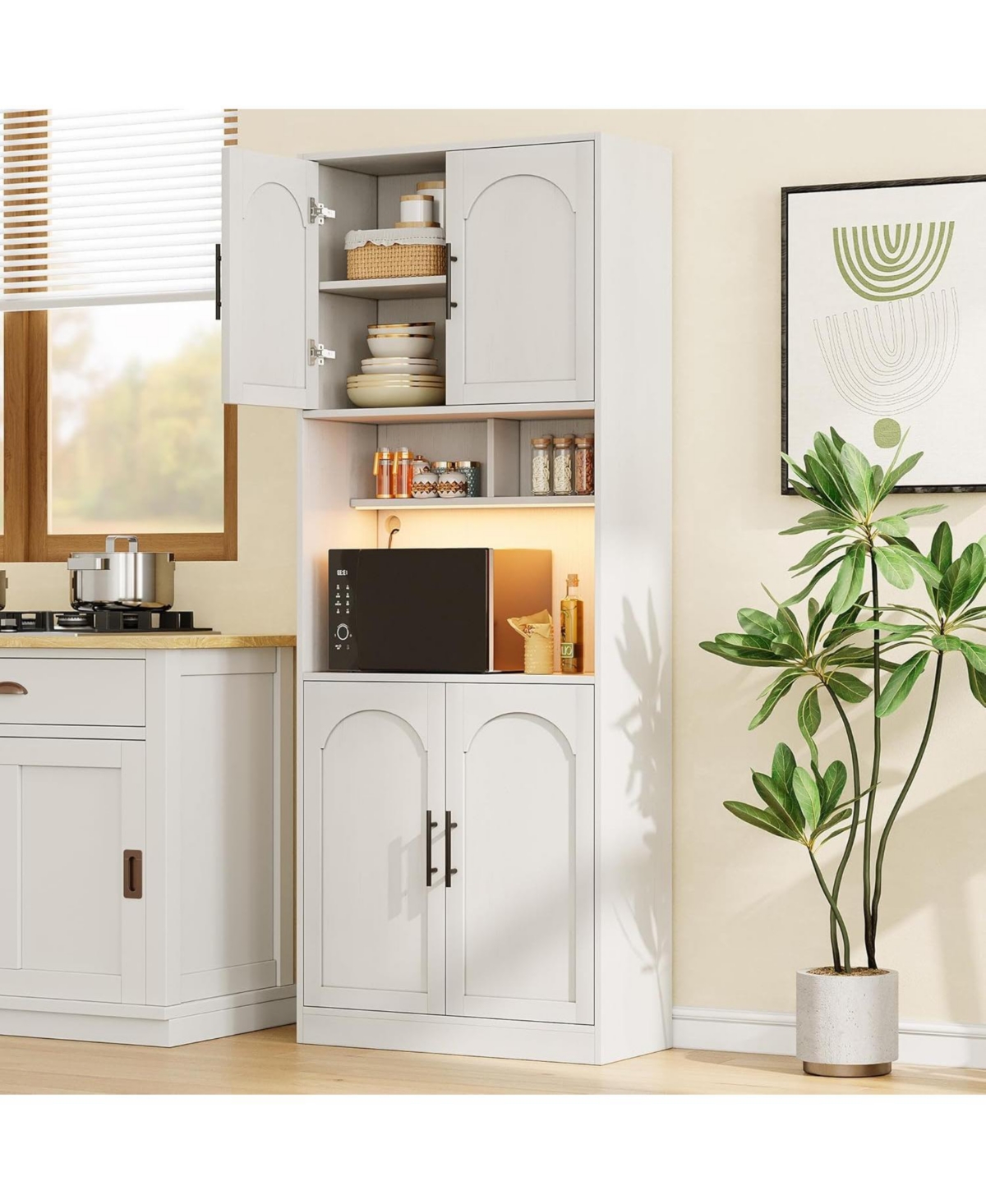 gaomon Kitchen Pantry Cabinet with Rgb Light, Tall Kitchen Hutch Bar Cabinet with Microwave Stand