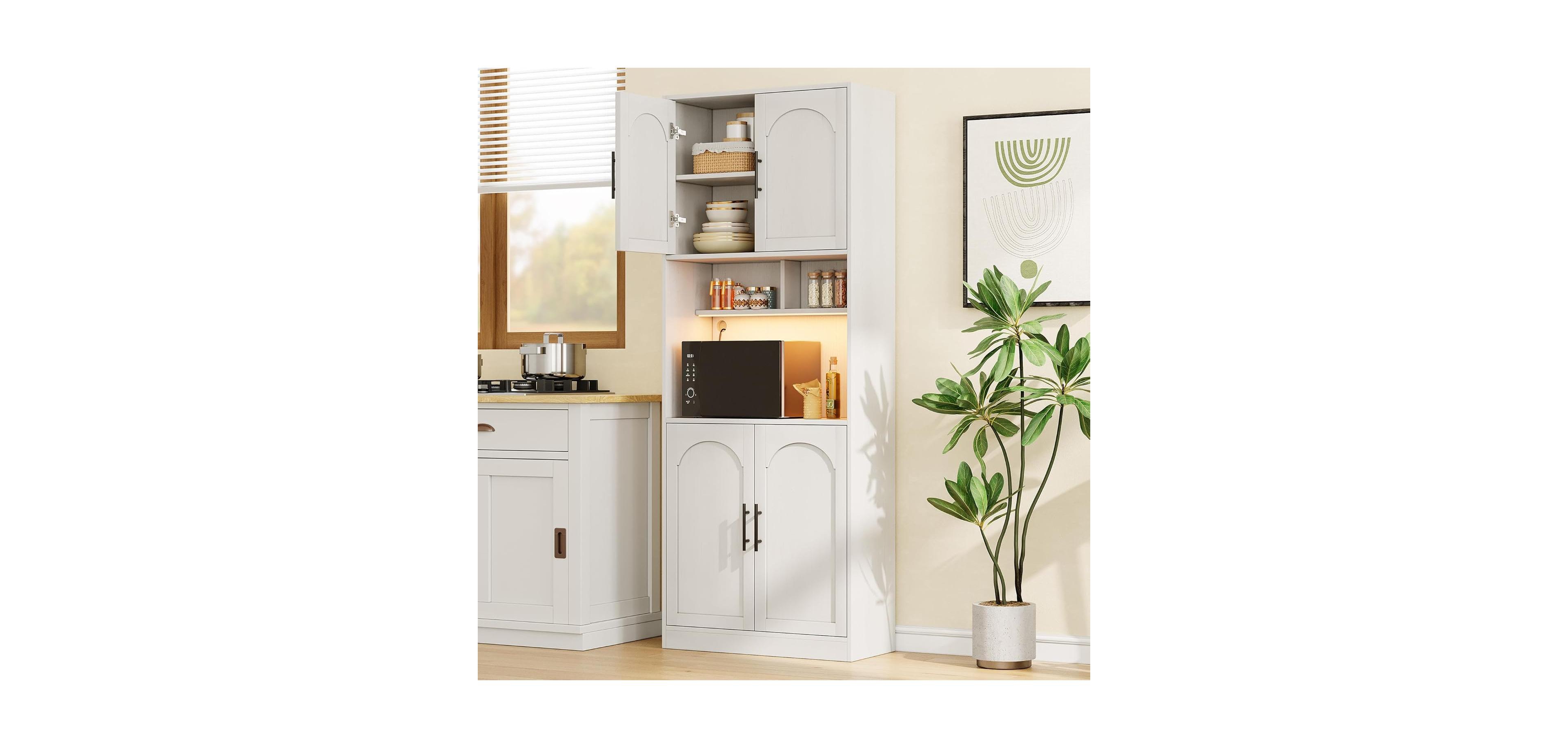 gaomon Kitchen Pantry Cabinet with Rgb Light, Tall Kitchen Hutch Bar Cabinet with Microwave Stand
