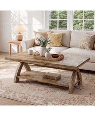 Solid Wood Coffee Table with Storage Shelf, Center Table with X-Shaped Legs