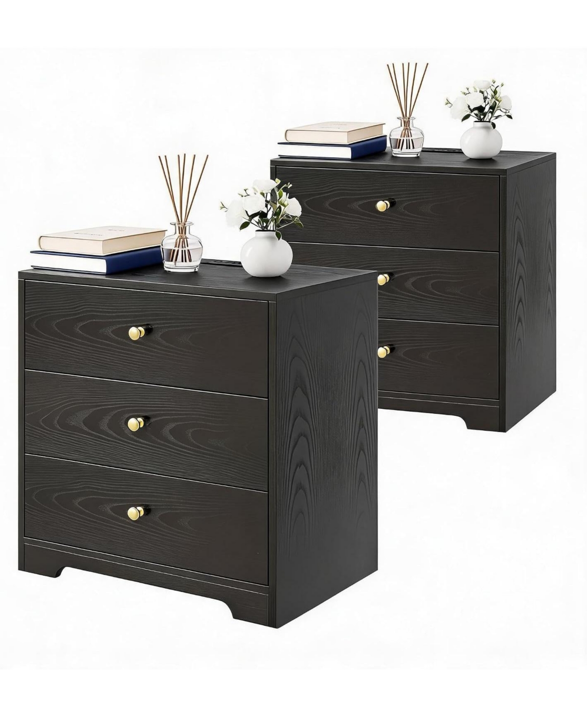 homfan 23.6" Nightstand Set of 2 with Charging Station, 3-Drawer Bedside Table