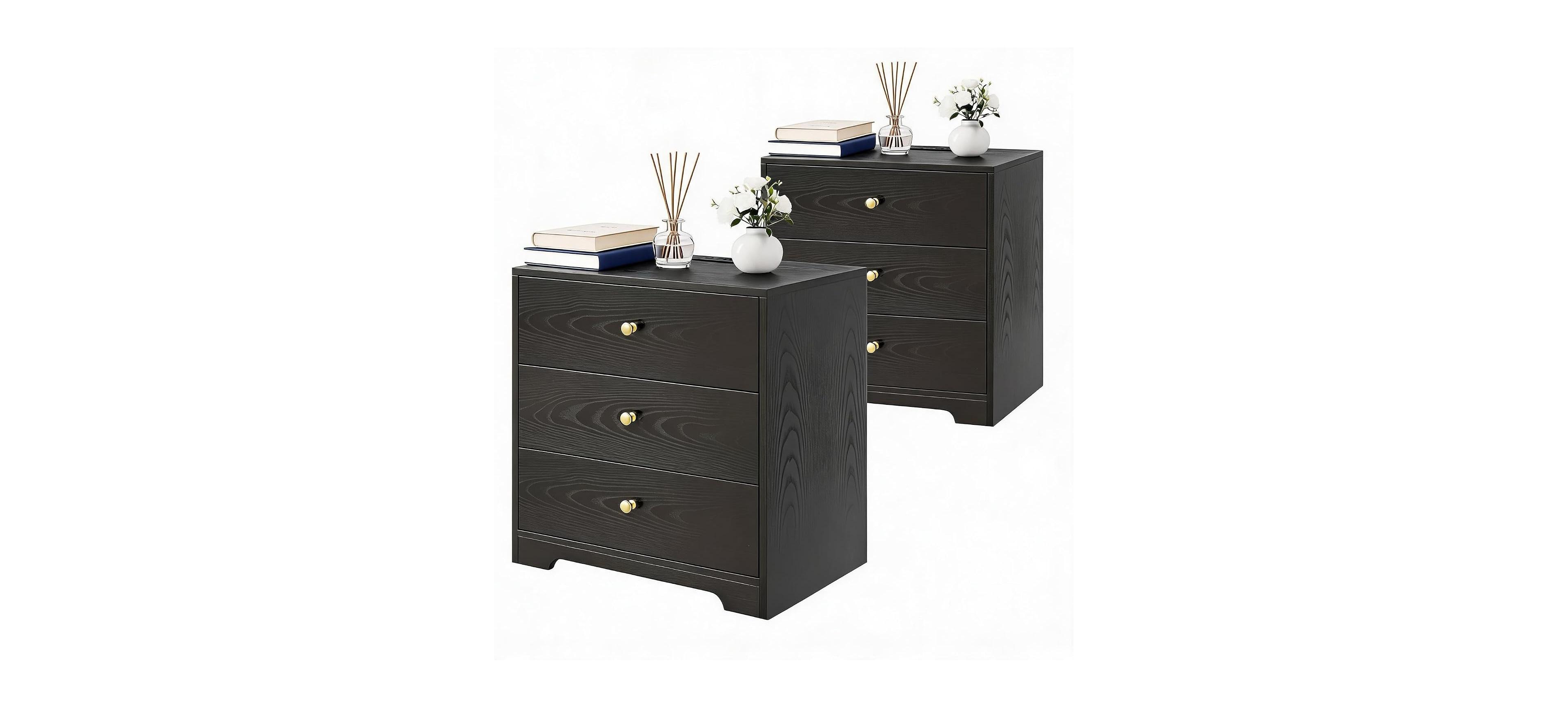 homfan 23.6" Nightstand Set of 2 with Charging Station, 3-Drawer Bedside Table