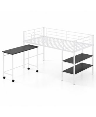 Loft Bed with Rolling Desk and Bookshelf, Metal Slats for Bedroom Dormitory