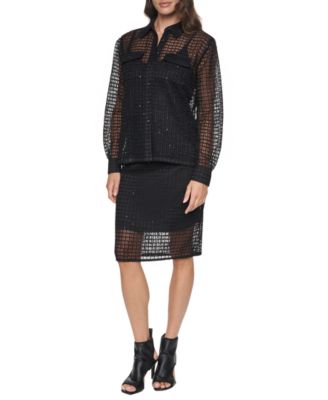 Women's Sequin Mesh Point Collar Long-Sleeve Blouse and Sequin High-Waisted Midi Skirt