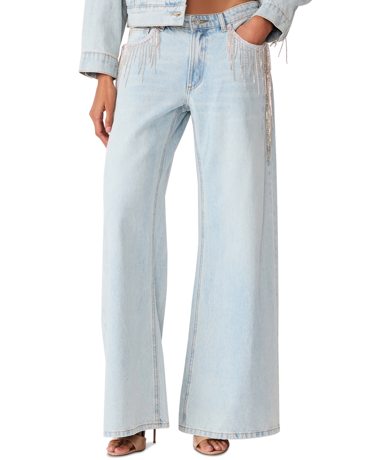 Steve Madden Women's Goldie Mid-Rise Wide-Leg Rhinestone Fringe Jeans